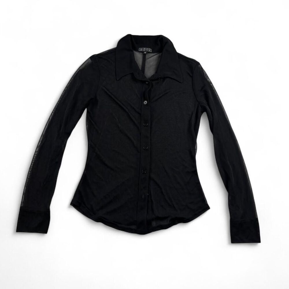 AZIZ Women’s Black Mesh Button-Up Blouse – Size Medium